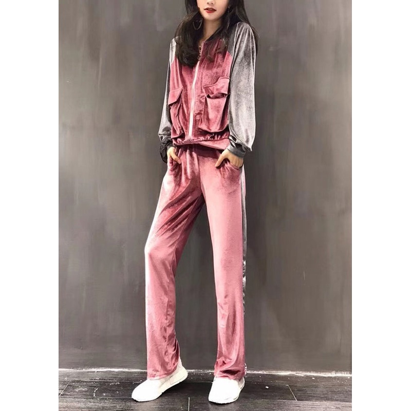 Sexy Pink Zippered Silk Velour Coats And Wide Leg Pants Two Pieces Set Long Sleeve