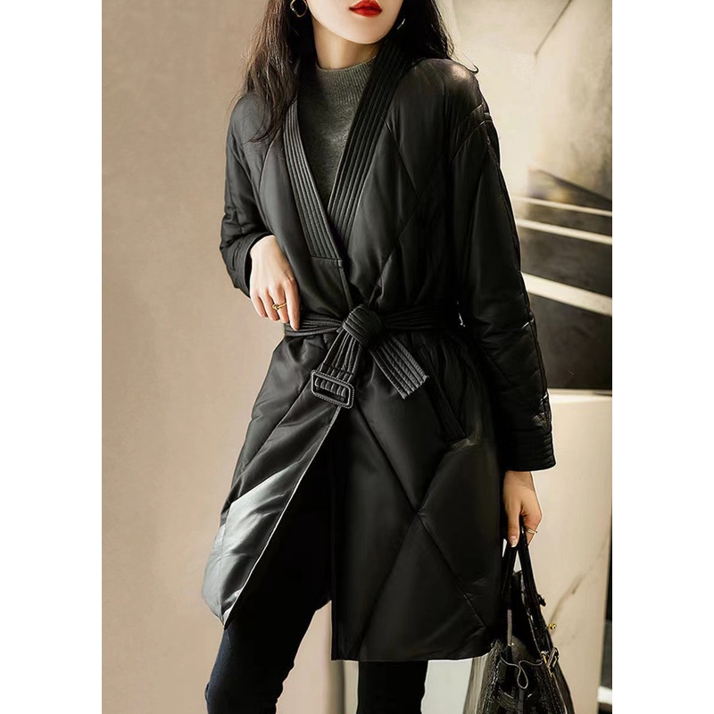 Simple Black V Neck Tie Waist Patchwork Sheepskin Duck Down Coat Winter