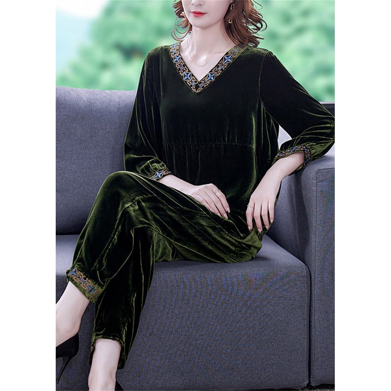 Simple Green Patchwork Silk Velour Pullover And Harem Pants Two Piece Set Fall