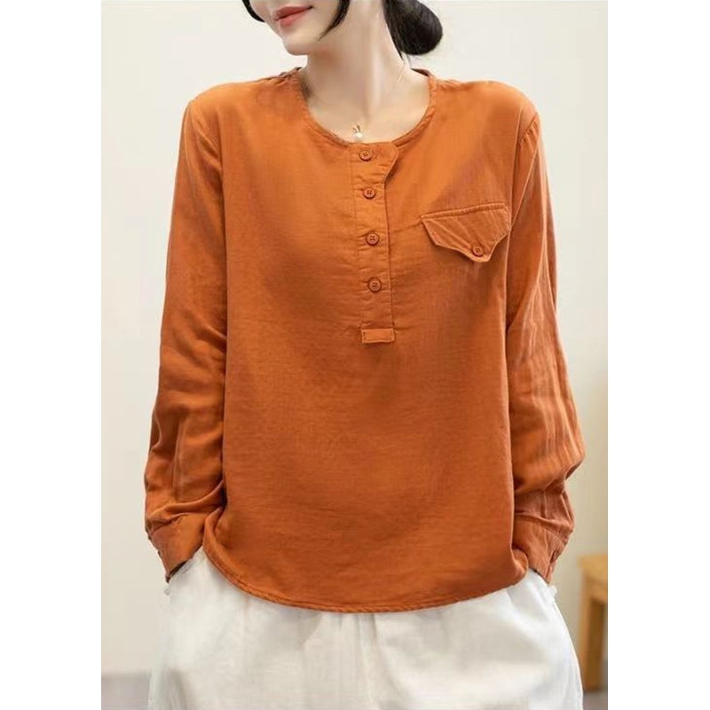 Simple Orange O-Neck Patchwork Button Tops Long Sleeve