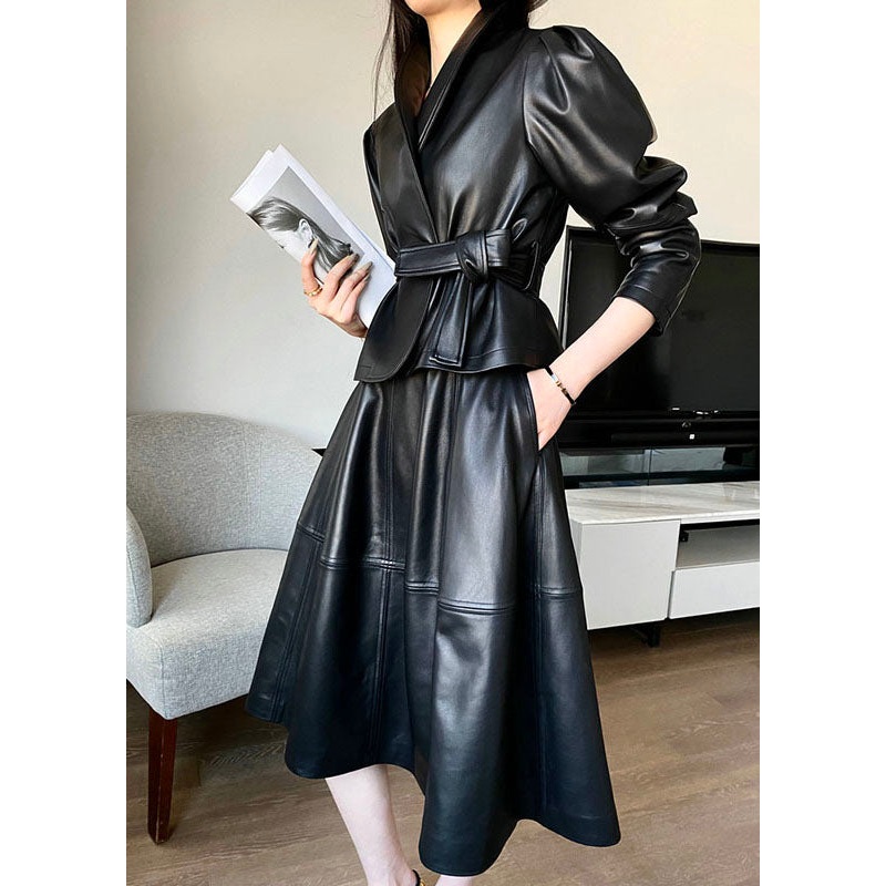 Slim Fit Black Peter Pan Collar Sashes Patchwork Sheepskin Two Pieces Set Winter