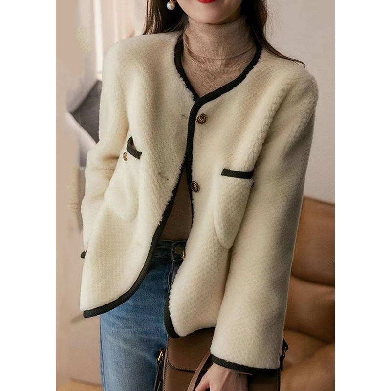 Style Beige O Neck Pockets Button Patchwork Wool Coats Winter
