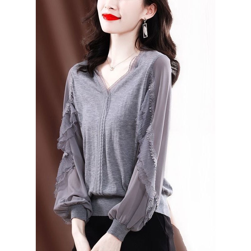 Style Grey V Neck Tulle Patchwork Ruffles Cotton Shirt Top Long Sleeve