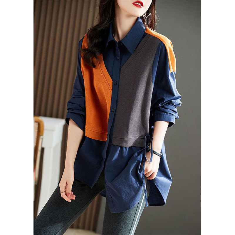 Style Navy Peter Pan Collar Patchwork Drawstring Cotton Blouse Top Long Sleeve