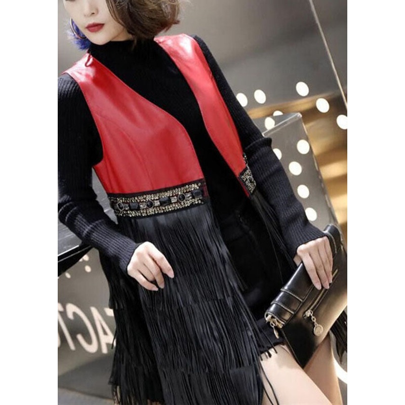 Stylish Red V Neck Patchwork Tassel Sheepskin Long Vest Sleeveless