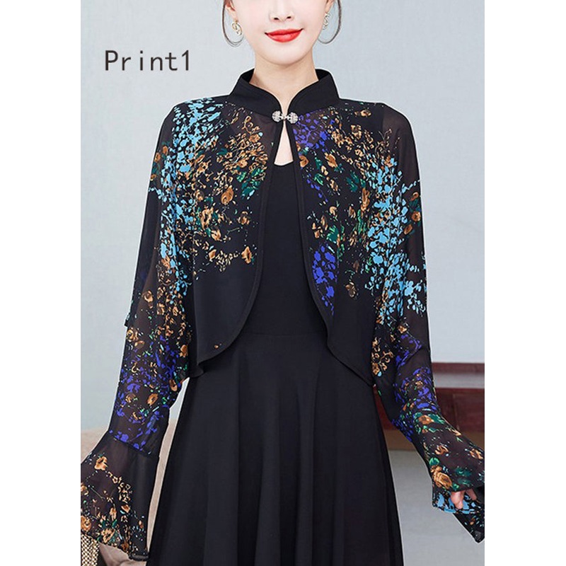 Stylish Stand Collar Print Patchwork Chiffon Cape Flare Sleeve