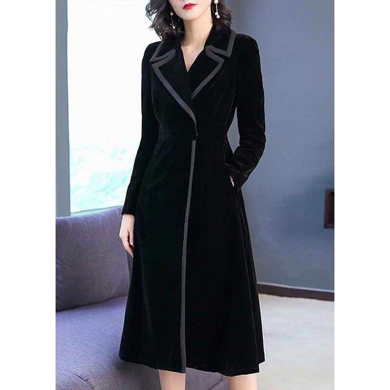 Unique Black Peter Pan Collar Pockets Patchwork Velour Trench Winter