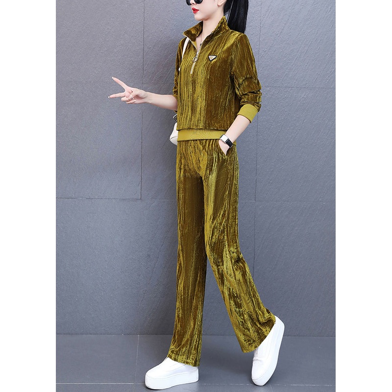 Unique Yellow Stand Collar Silk Velour Coats And Wide Leg Pants Two Piece Set Fall