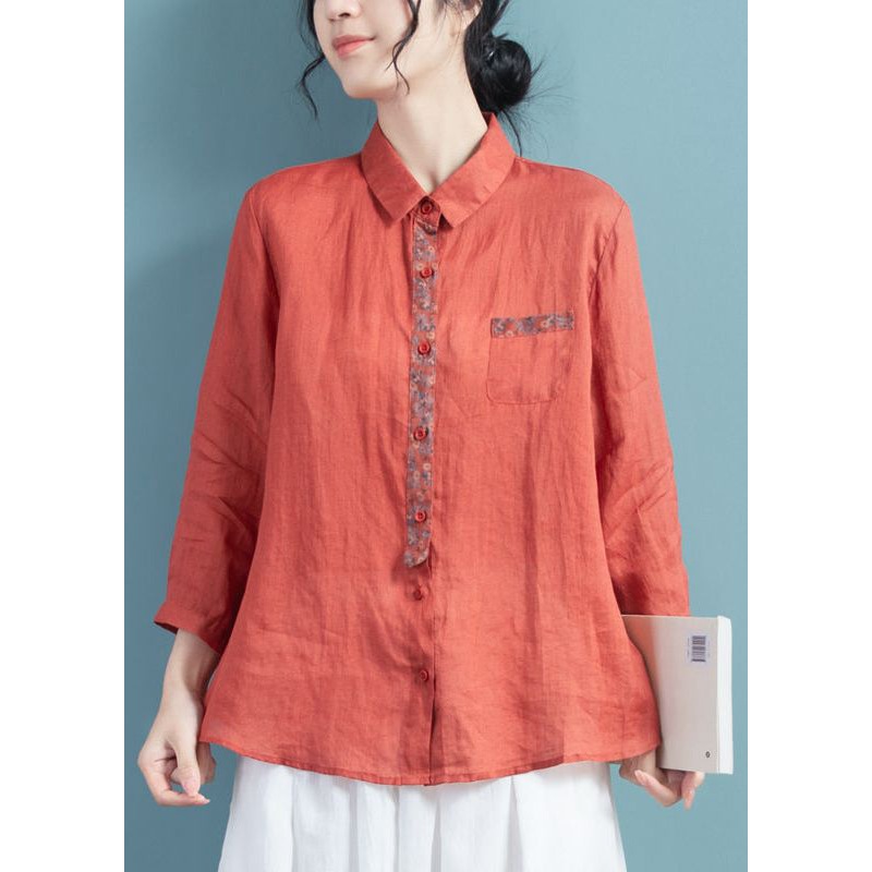 Vintage Brick Red Peter Pan Collar Print Ramie Top Long Sleeve