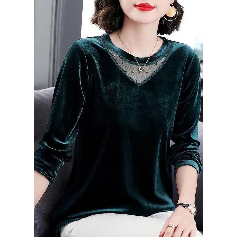 Vogue Green Tulle Patchwork Silk Velour Shirt Tops Long Sleeve