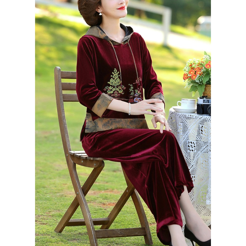 Wine Red Drawstring Silk Velour Pullover And Wide Leg Pants Two Pieces Set Long Sleeve
