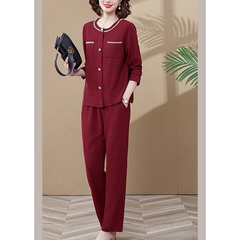 Wine Red O-Neck Butto Cardigans And Wide Leg Pants Two Pieces Set Long Sleeve
