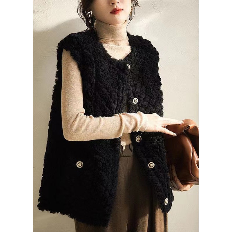 Women Black O Neck Button Patchwork Wool Vest Sleeveless