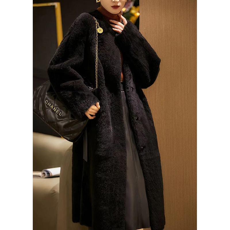 Women Black O Neck PocketsPatchwork Wool Coat Winter