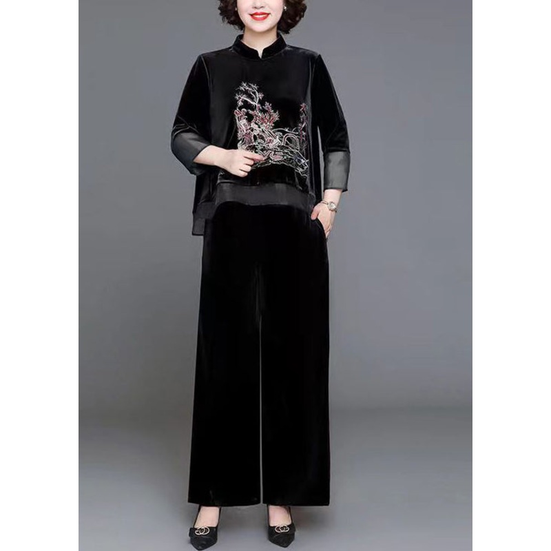 Women Black Stand Collar Patchwork Velour Two Pieces Set Fall