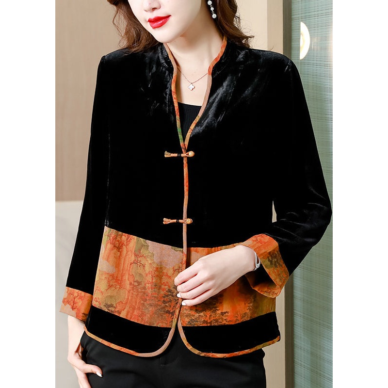 Women Black V Neck Print Patchwork Button Silk Velour Coats Fall