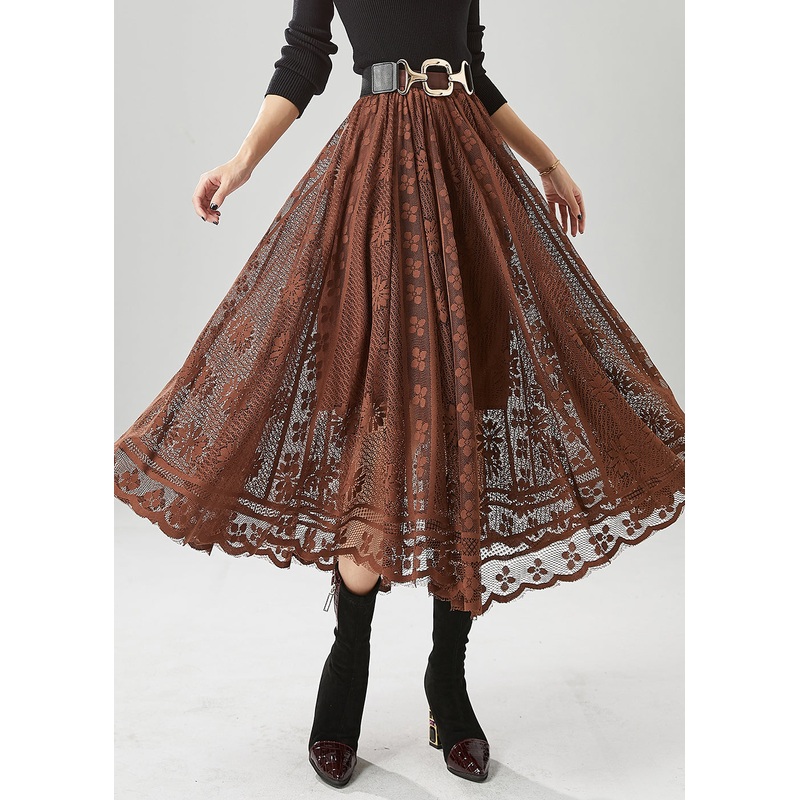 Women Coffee Hollow Out Exra Large Hem Lace Skirts Fall