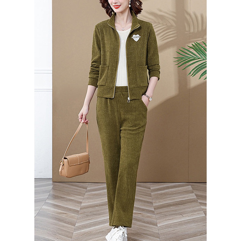 Women Ginger Stand Collar Coats And Wide Leg Pants Two Pieces Set Fall