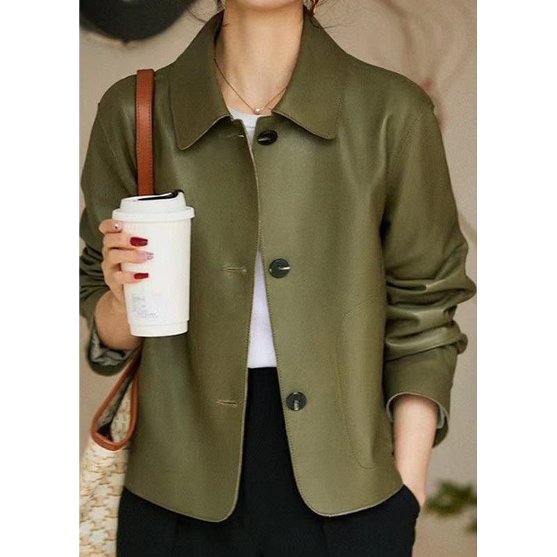 Women Green Peter Pan Collar Pockets Patchwork Sheepskin Coats Fall