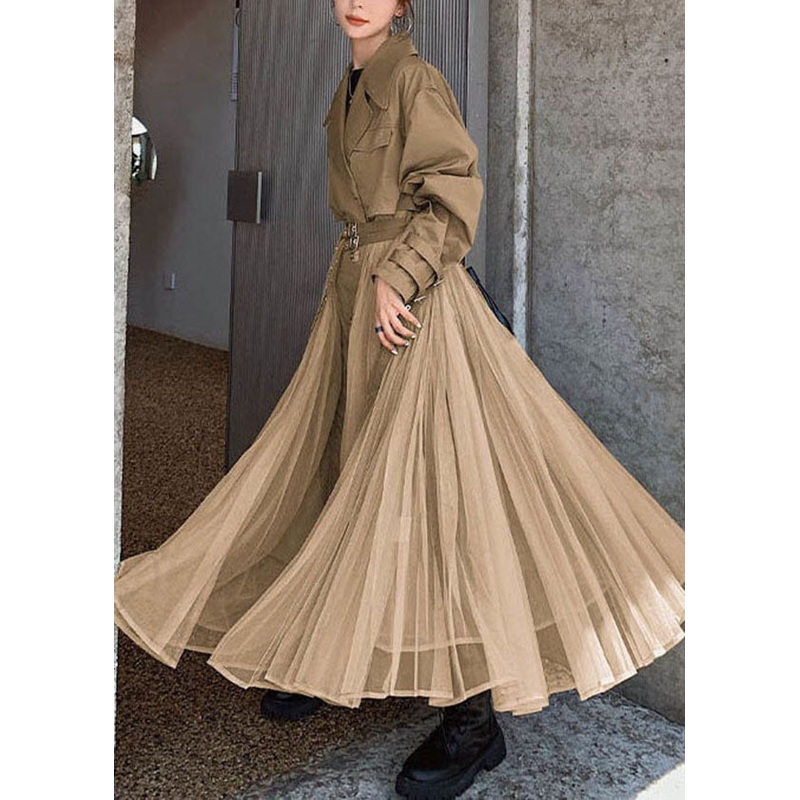 Women Khaki Peter Pan Collar Tulle Patchwork Cotton Trench Long Sleeve