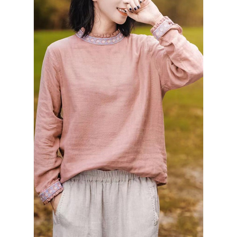 Women Pink O-Neck Ruffled Patchwork Embroideried T Shirt Long Sleeve