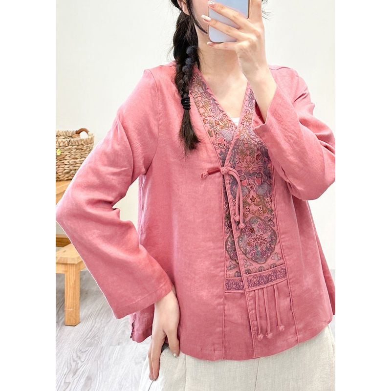 Women Pink V Neck Embroidered Floral Patchwork Linen Shirts Fall