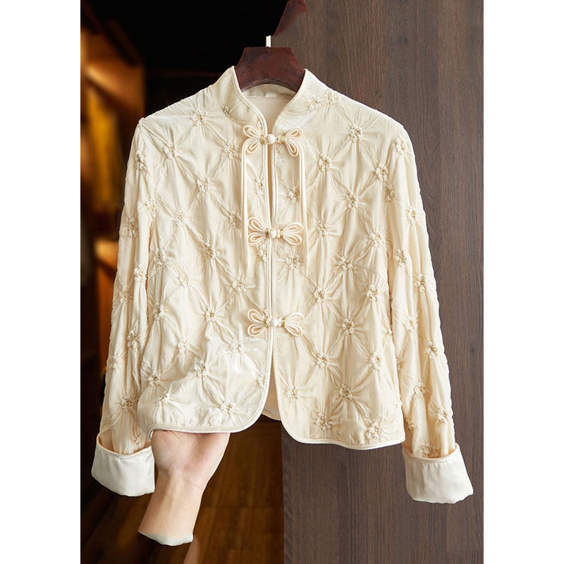 Art Apricot Stand Collar Floral Button Silk Velour Tops Fall