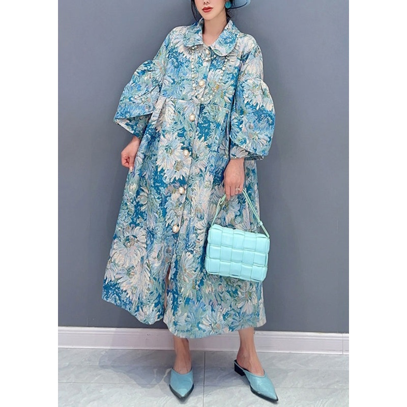 Art Blue Button Print Patchwork Cotton Shirts Dresses Fall