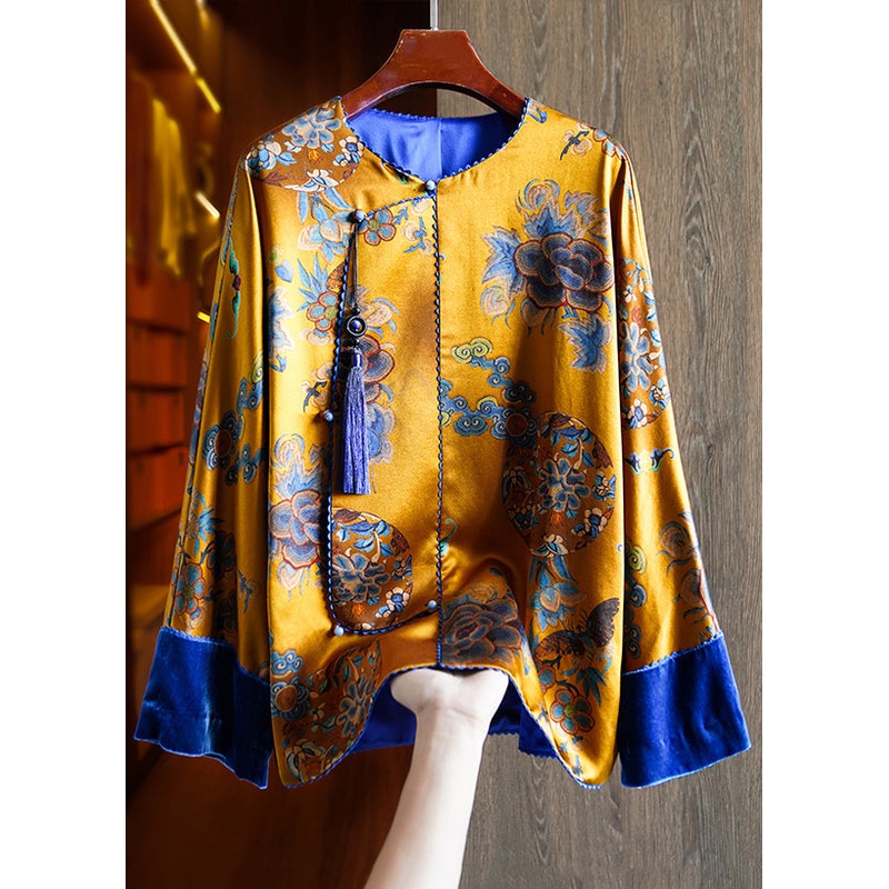Art Yellow Tasseled Print Patchwork Silk Shirts Fall