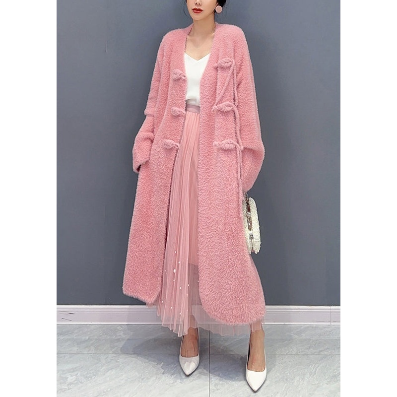 Beautiful Pink V Neck Button Woolen Trench Coat Long Sleeve