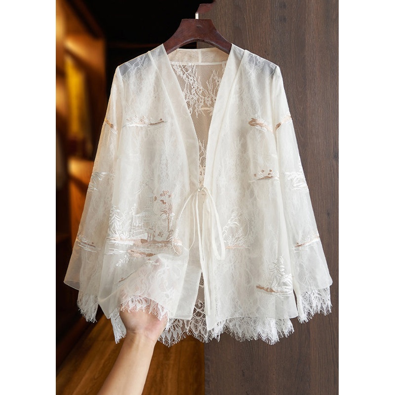 Beautiful White Lace Up Printed Lace Patchwork Top Fall