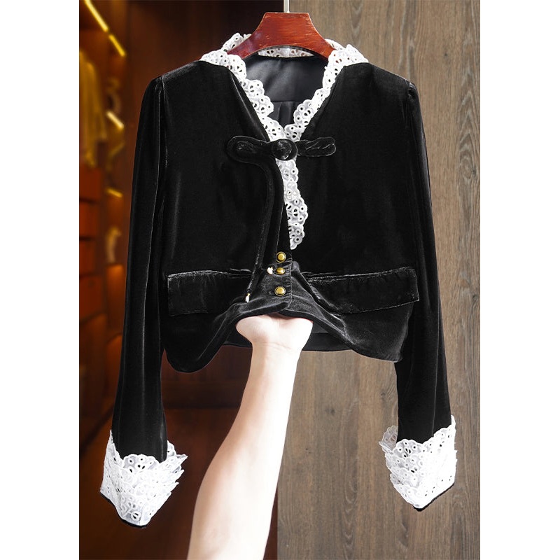 Black Button Lace Patchwork Silk Velour Top Fall