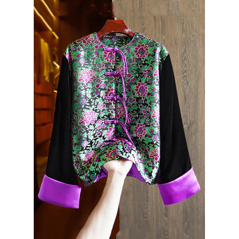 Black Embroidered Button Patchwork Silk Velour Parka Winter