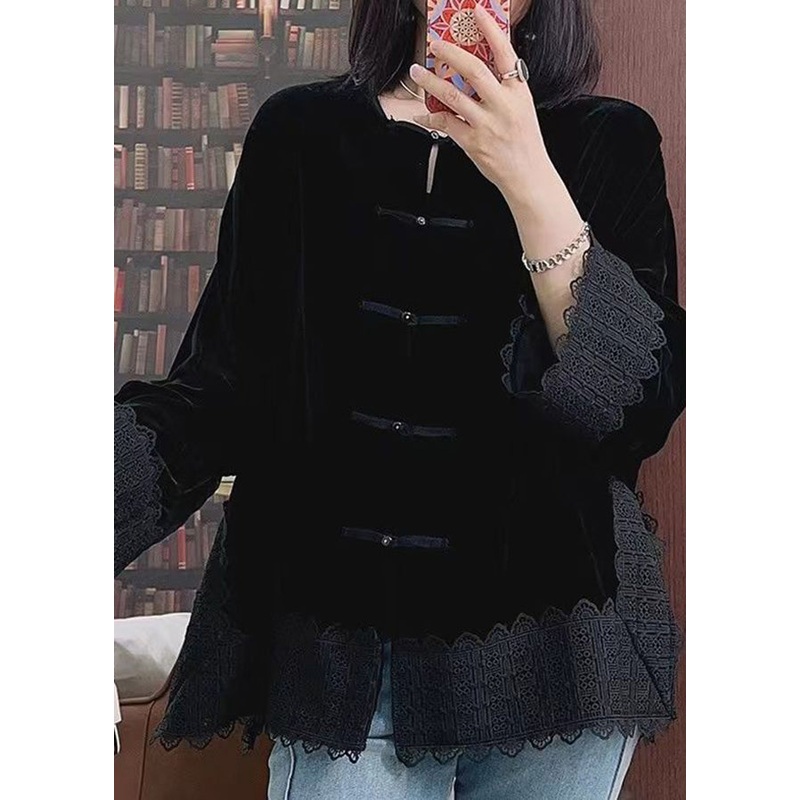 Black O-Neck Silk Velour Coats Fall