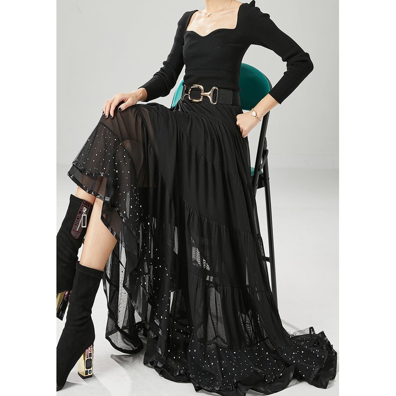Black Patchwork Chiffon Skirts Exra Large Hem Wrinkled Fall