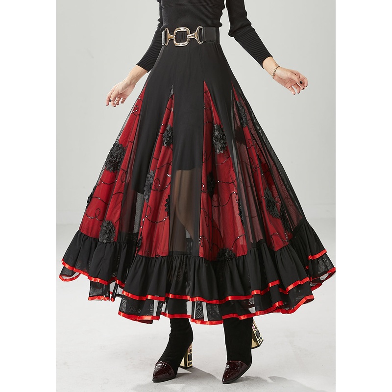 Black Red Patchwork Chiffon Skirt Floral Exra Large Hem Fall