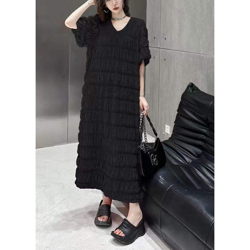 Black Wrinkled Vacation Chiffon Long Dresses Summer