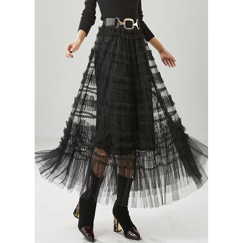 Bohemian Black Ruffled Tulle Vacation Skirts Fall