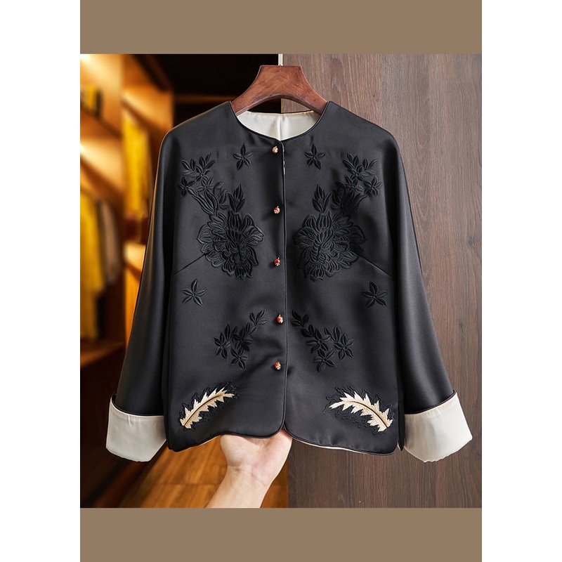 Boutique Black O-Neck Embroidered Patchwork Silk Coats Fall