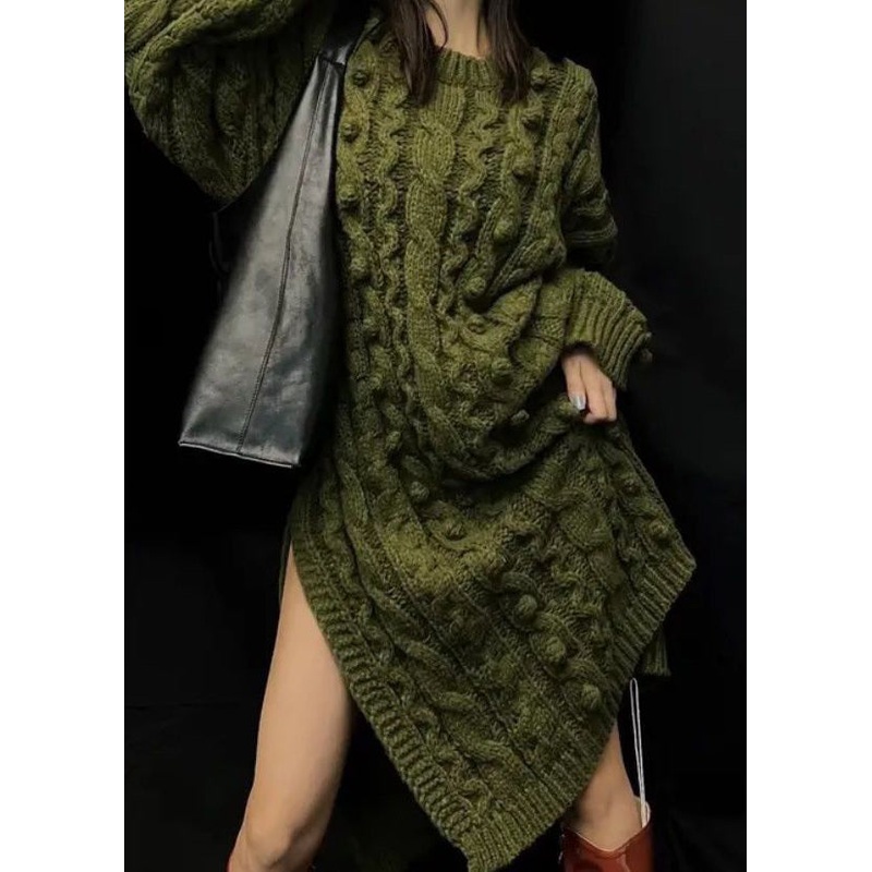 Boutique Green O-Neck Side Open Cable Knit Sweaters Dress Long Sleeve