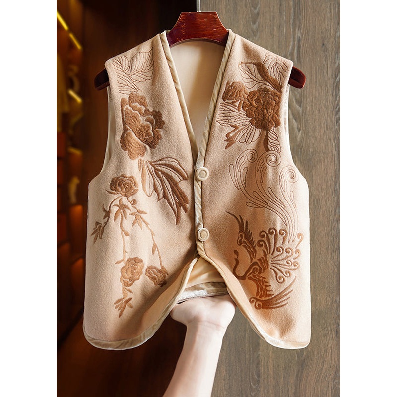 Boutique Khaki V Neck Embroideried Patchwork Woolen Vest Sleeveless