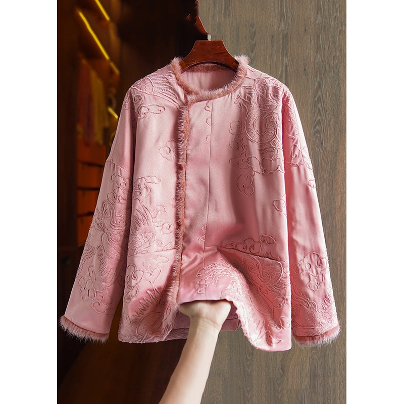 Boutique Pink Embroideried Mink Hair Patchwork Parka Winter