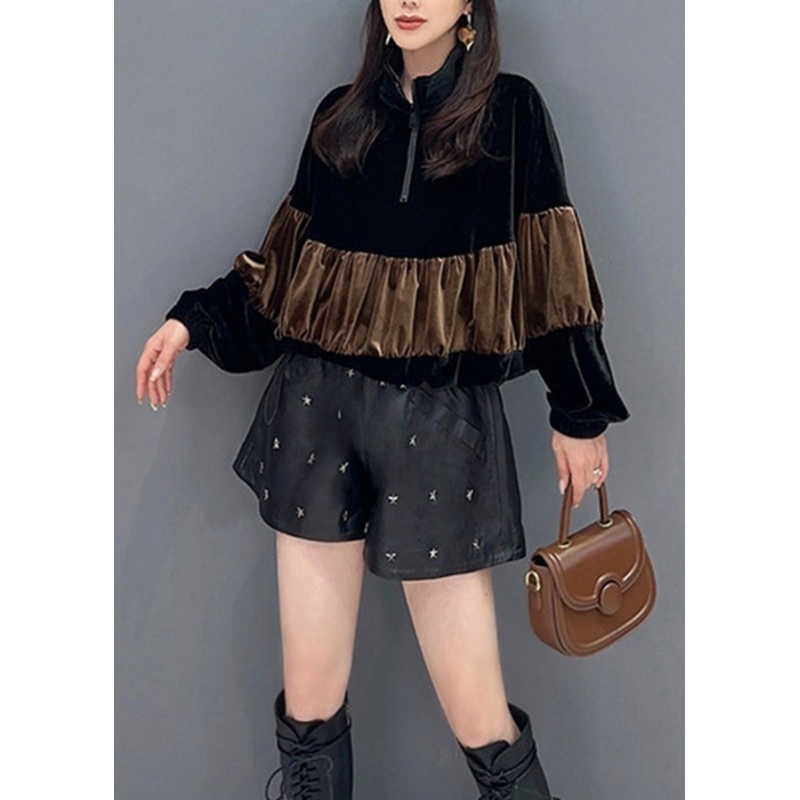 Brown Drawstring Patchwork Silk Velour Top Stand Collar Long Sleeve