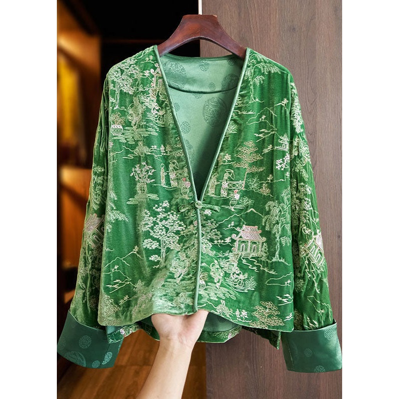 Casual Green V Neck Embroideried Button Silk Velour Coats Fall