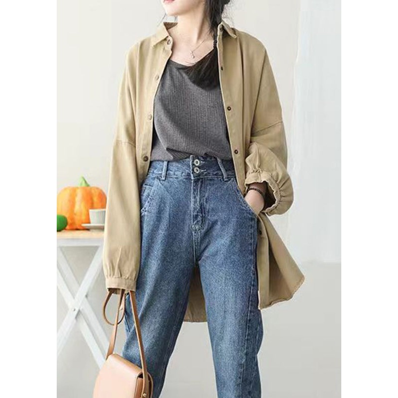 Casual Khaki Peter Pan Collar Pockets Button Mid Coat Lantern Sleeve