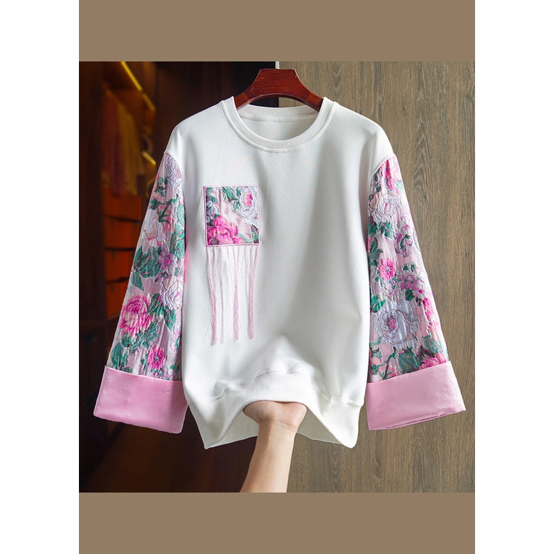 Casualn White O-Neck Embroideried Cotton Sweatshirt Fall