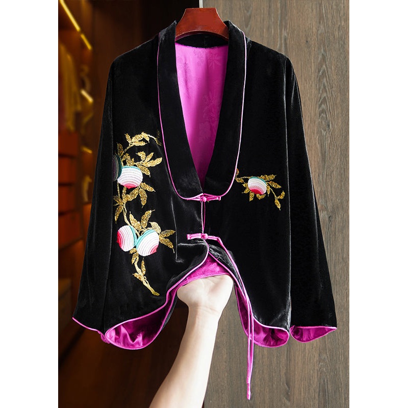 Chic Black Chinese Button Embroideried Silk Velour Coats Long Sleeve