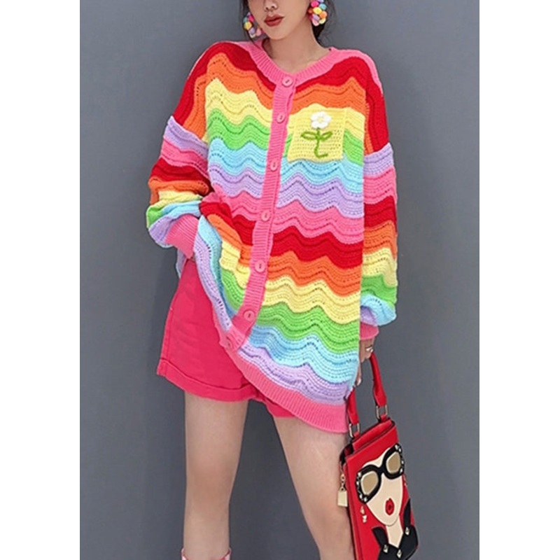 Chic Rainbow Button Hollow Out Patchwork Knit Top Fall