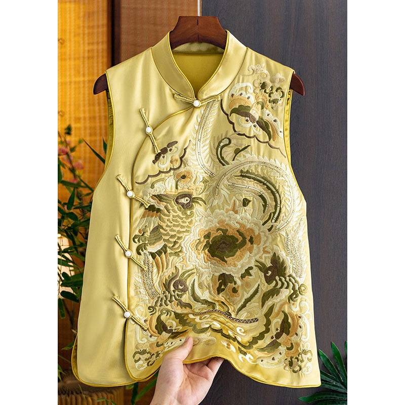 Chic Yellow Stand Collar Embroideried Side Open Silk Waistcoat Fall