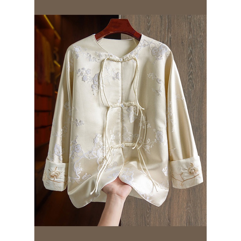 Chinese Style Apricot Tasseled Button Embroideried Silk Coats Fall
